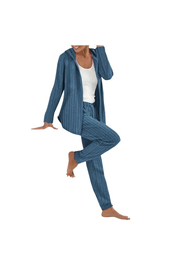 Women's Cozy Lounge Sets Hooded Textured Jacket Loose Pants Knitted Two Piece Set for Casual Daily Wear Blue XL