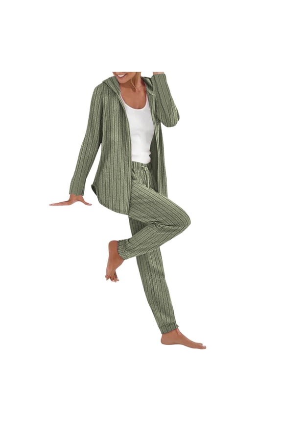 Women's Cozy Lounge Sets Hooded Textured Jacket Loose Pants Knitted Two Piece Set for Casual Daily Wear Olive Green XL