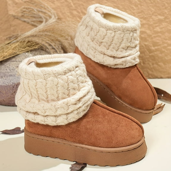 Women's Cozy Mid-Calf Boots, Round Toe & Knitted Cuff - Soft Fabric Upper Sole for Winter Outdoor Party Wear, Winter Warm Boots with Thick Sole