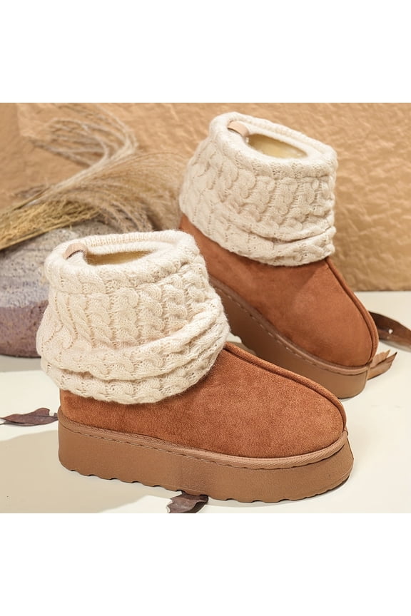 Women's Cozy Mid-Calf Boots, Round Toe & Knitted Cuff - Soft Fabric Upper Sole for Winter Outdoor Party Wear, Winter Warm Boots with Thick Sole