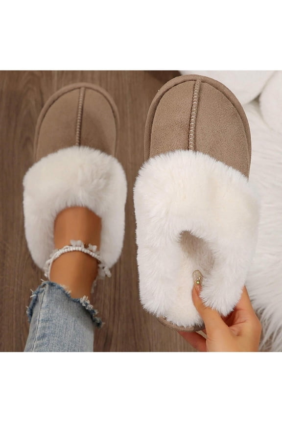 Women's Cozy Plush Fleece Lined Slip On Moccasins Fluffy Detail Non Slip Winter Slippers Platform Flat Sole