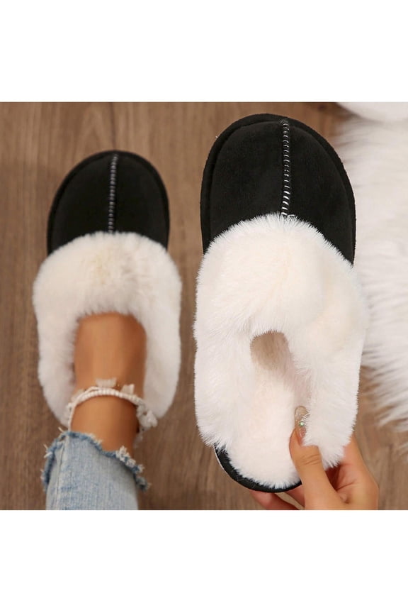 Women's Cozy Plush Fleece Lined Slip On Moccasins Fluffy Detail, Non Slip Winter Slippers with Platform Flat Sole