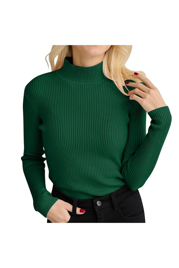 Women's Cozy Ribbed Turtleneck Sweater Solid Pullover Long Sleeve Knit Tops Slim Fit Basic Layering Piece for Winter Army Green