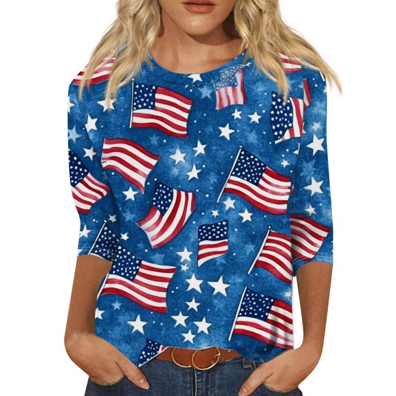 Women's Cozy Round Neck Pullover Top, 3/4 Sleeve Patriotic Independence Day Print Casual Blouse for Layered Outfits, Stretchy & Non-Irritating,Blue S