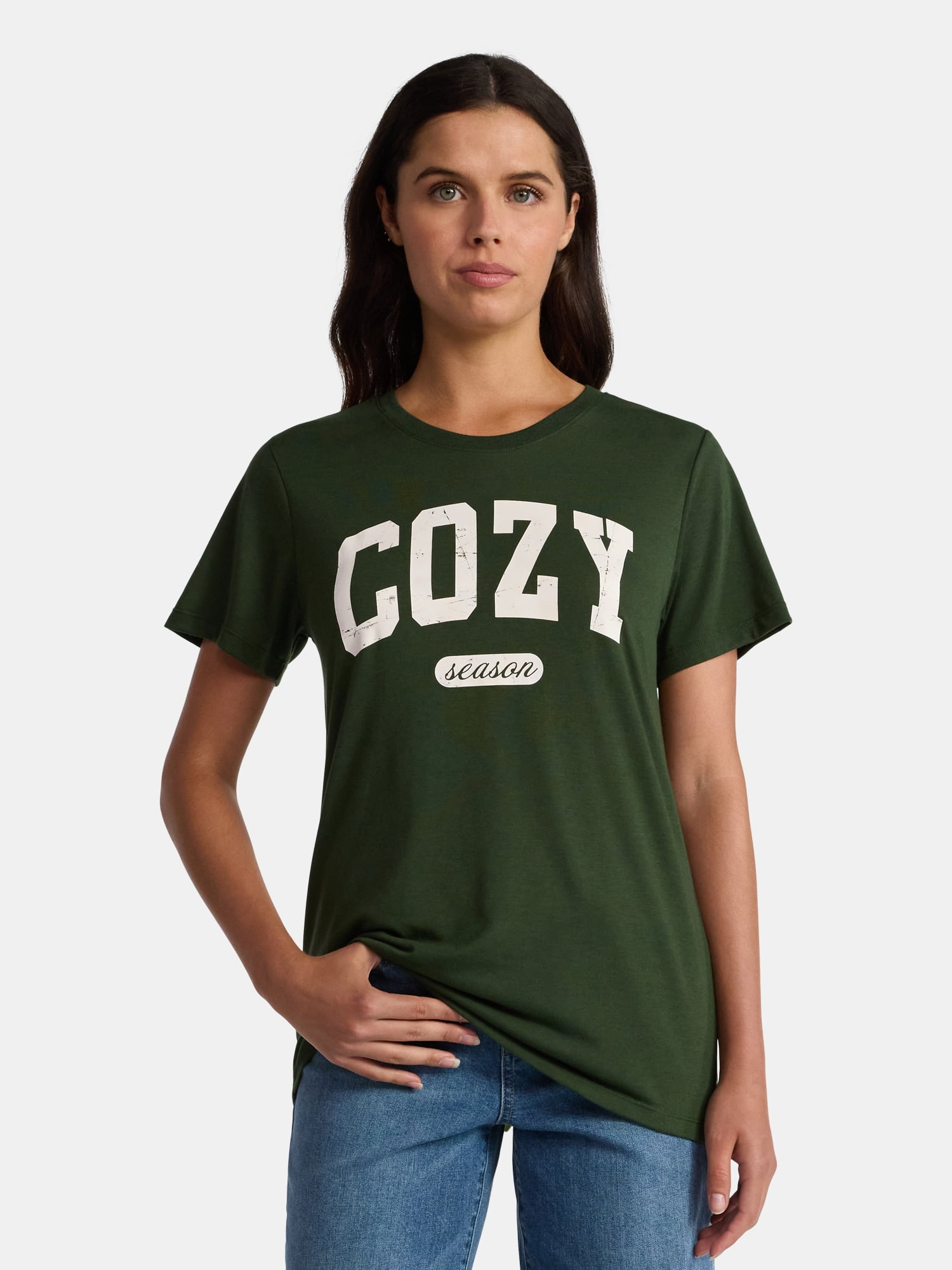 Positivitees Women's Cozy Season Graphic Seasonal Fall Tee, Sizes S-XXXL