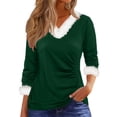 thumbnail image 1 of Women's Cozy Shirts Fur Trim V Neck Soft Pullover Casual Long Sleeve Pleated Tunic Tops Trendy Dressy Holiday Warm Winter Blouses, 1 of 4