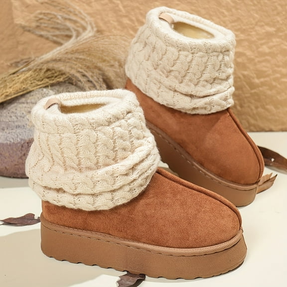 Women's Cozy Slip-On Mid-Calf Boots with Thick Platform Sole, Round Toe & Knitted Cuff - Soft Fabric Upper, Faux Cover Sole for Winter Outdoor Party Wear, Winter Boots