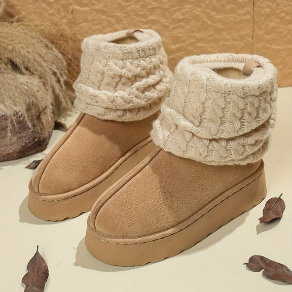 Women's Cozy Slip-On Mid-Calf Boots with Thick Platform Sole, Round Toe & Knitted Cuff - Soft Fabric Upper, Faux Cover Sole for Winter Outdoor Party Wear, Winter Boots