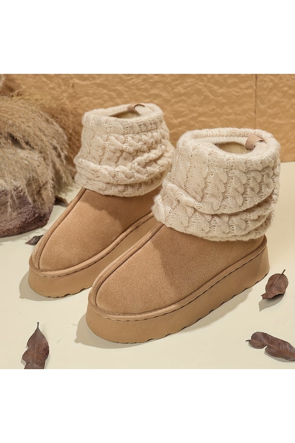 Women's Cozy Slip-On Mid-Calf Boots with Thick Platform Sole, Round Toe & Knitted Cuff - Soft Fabric Upper, Faux Cover Sole for Winter Outdoor Party Wear, Winter Boots