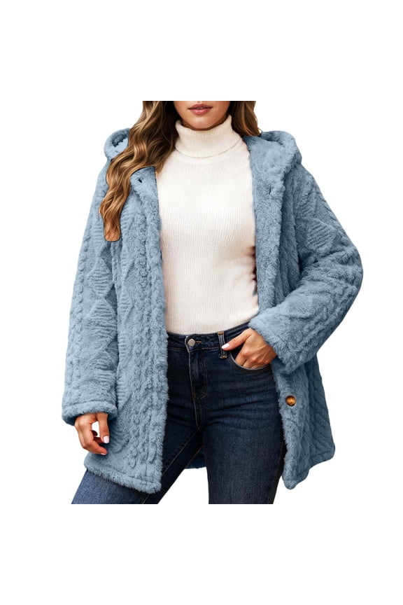 Women's Cozy Soft Hooded Jacket Full Zip Front Button Closure Long Sleeve Casual Lightweight Outerwear For Everyday Wear