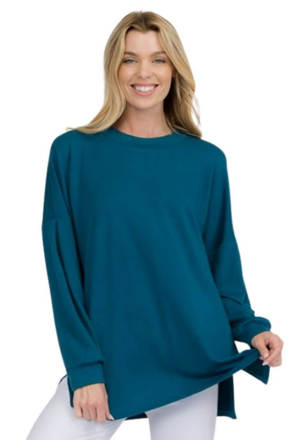 Women’s Cozy Up Oversized French Terry Long Sleeve Top, Teal, L