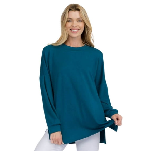 Women’s Cozy Up Oversized French Terry Long Sleeve Top, Teal, L