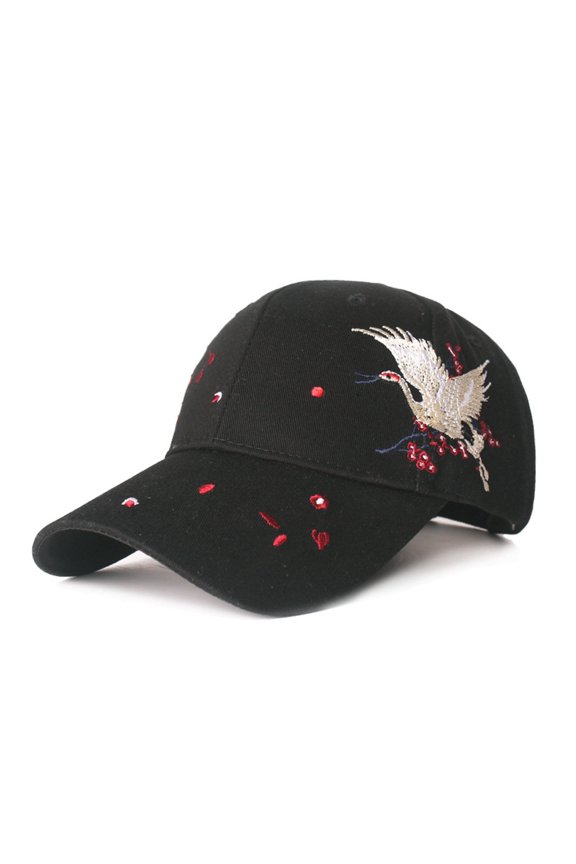 Women's Crane Cherry Blossom Embroidered Baseball Cap Adjustable Floral Bird Hat for Casual Daily Wear Black