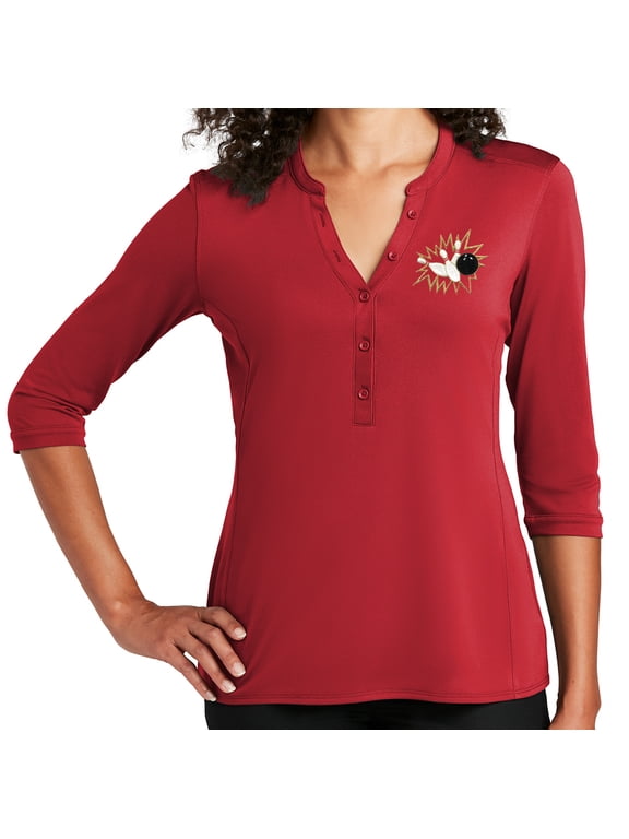 Women's Crashing Bowling Pins 5-button 3/4 Sleeve Henley Shirt, Large Rich Red