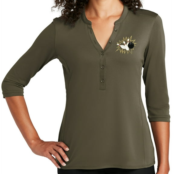 Women's Crashing Bowling Pins 5-button 3/4 Sleeve Henley Shirt, Small Deep Olive