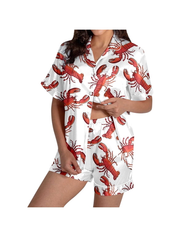 Women's Crayfish Print Satin Pajama Set Short Sleeve Soft Breathable Lounge Sleepwear