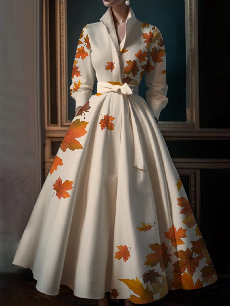Women's Cream Base Maple Leaf Print Stand Collar Maxi Dress Elegant Belted A Line Long Dress