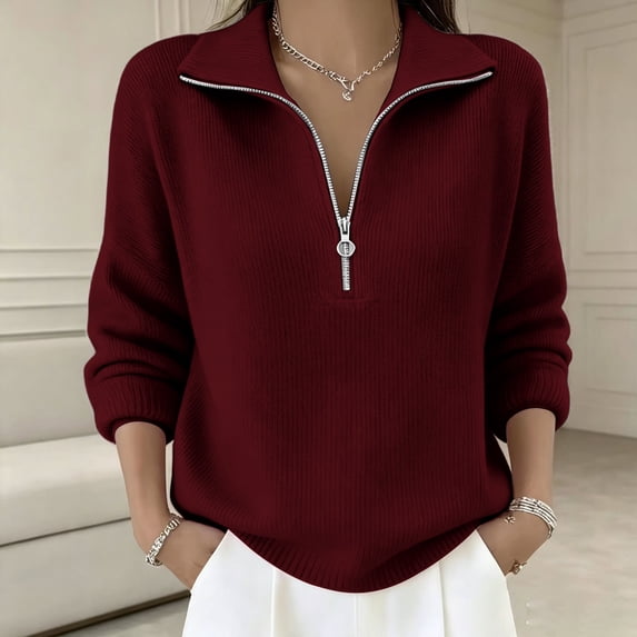 Women's Cream Half-Zip Sweater Loose Long Sleeve Casual Ribbed Knit Top For Autumn Winter Wine 2XL