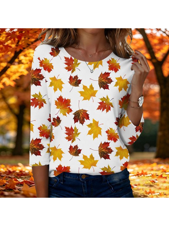 Women's Cream Maple Leaf Shirt with Three-Quarter Sleeves, Round Neck Casual Pullover Top with Yellow and Orange Autumn Leaf Print