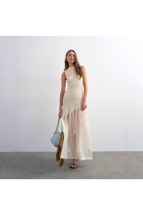 Women's Cream Ribbed Knit Mesh Spliced Midi Dress Mock Neck Sleeveless Elegant Casual Long Dress