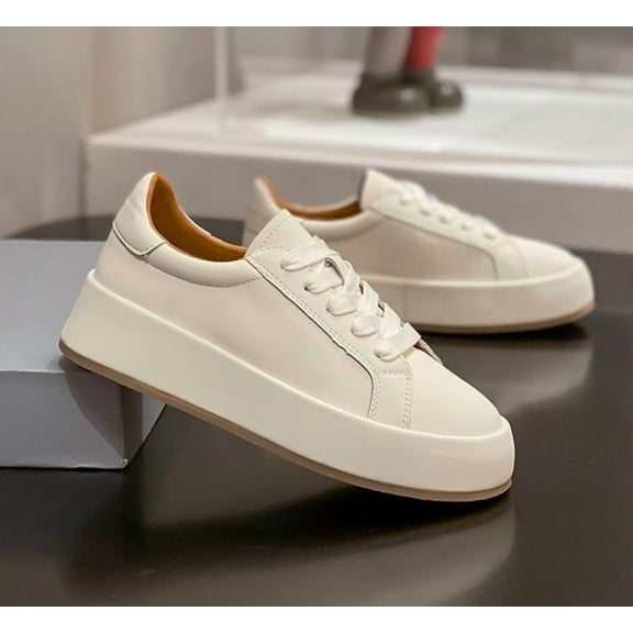 Women's Cream White Platform Sneakers, Stylish Lace - Up Casual Shoes, Comfortable Thick - Soled Fashion Sneakers for Daily Wear