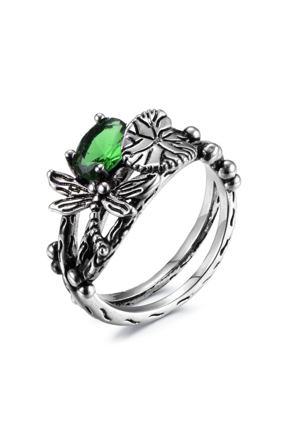 Women's Creative Dragonfly Lotus Retro Thai Silver Inlaid Topaz Ring