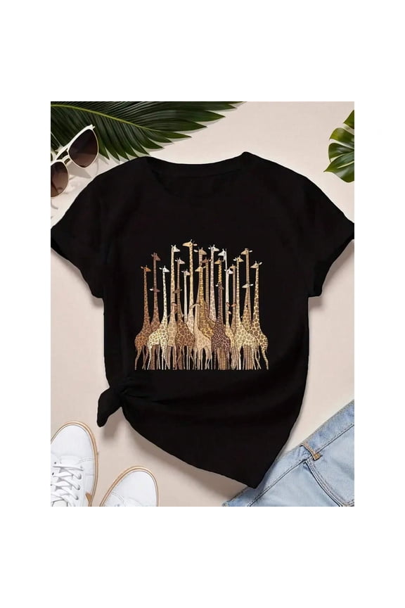 Women's Creative Giraffe Printed T-shirt-Casual Short Sleeve Round Neck T-shirt