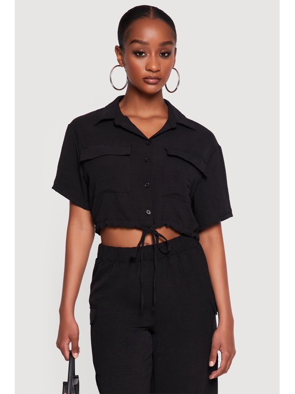 Women's Crepe Knit Drawstring Hem Button Front Shirt