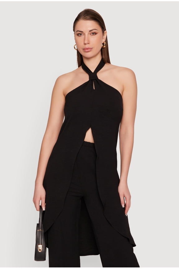 Women's Crepe Knit Halter Neck High Low Maxi Top