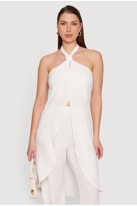 Women's Crepe Knit Halter Neck High Low Maxi Top