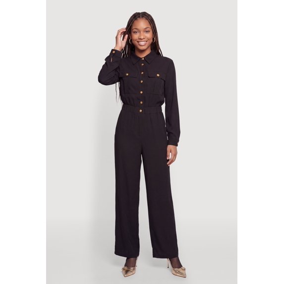 Women's Crepe Knit Long Sleeve Button Front Jumpsuit