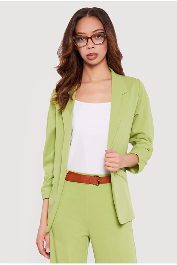 Women's Crepe Knit Ruched Sleeve Open Front Blazer