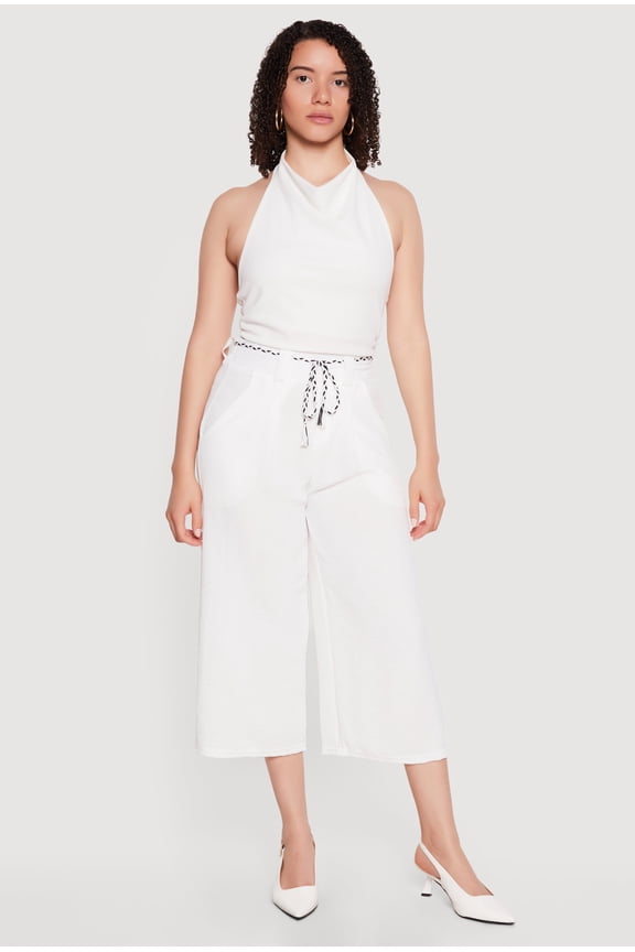 Women's Crepe Knit Wide Leg Culottes with Rope Belt