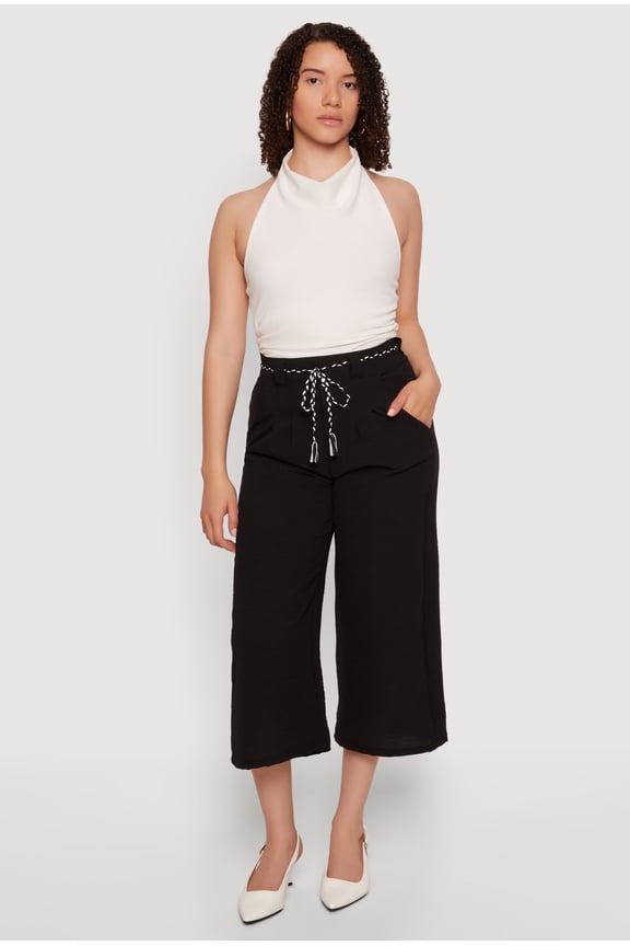 Women's Crepe Knit Wide Leg Culottes with Rope Belt