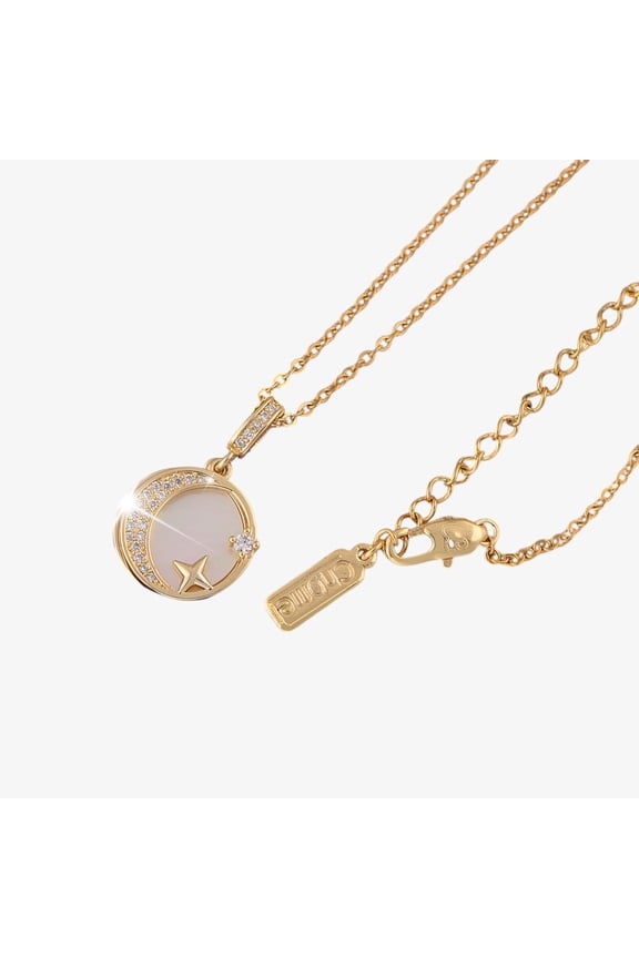Women's Crescent Moon and Star Pendant Necklace with Mother of Pearl Inlay and Rhinestone Accents - One Size Fits Most, Gold