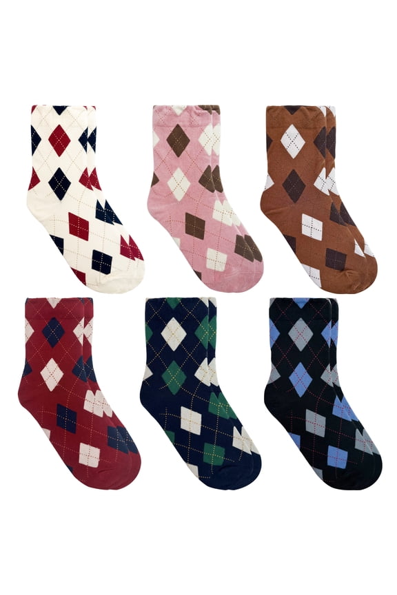 Women's Crew Color Argyle Socks - 6 Pair Set w/ Gift Bag - Daily Fashion - Made in Korea