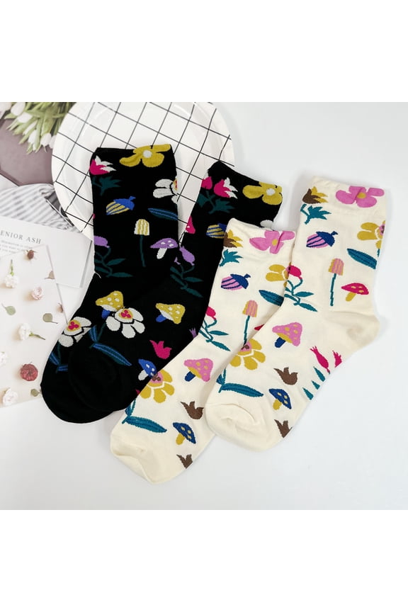 Women's Crew Mushroom Fleur Flower Socks - 2 Pair Set w/ Gift Bag - Made in Korea