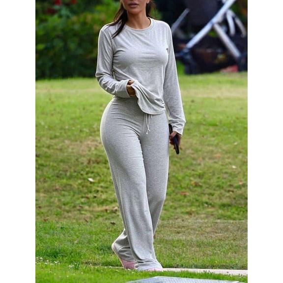 Women's Crew Neck 2 Piece Loungewear Set, Long Sleeve Top and Drawstring Waist Straight Pants Casual Outfit