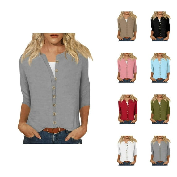 Women's Crew Neck 3/4 Sleeve Shirts Tops Basic Button Down Open Front Cardigan Solid Color Loose Cute Tunic Tee Blouses Cardigan Sweaters for Women