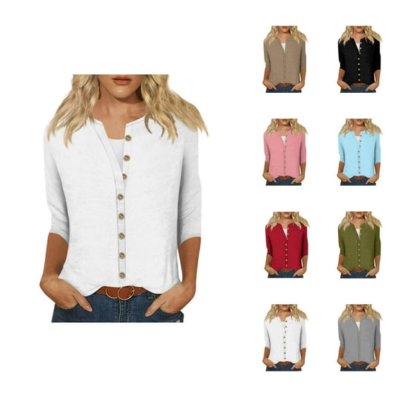 Women's Crew Neck 3/4 Sleeve Shirts Tops Basic Button Down Open Front Cardigan Solid Color Loose Cute Tunic Tee Blouses Cardigan Sweaters for Women