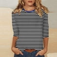 thumbnail image 1 of Women's Crew Neck 3/4 Sleeve Striped Print Top, Contrast Trim Casual Slim Fit Basic T-Shirt Blouse for Spring Summer Daily Wear 01-Black S, 1 of 5