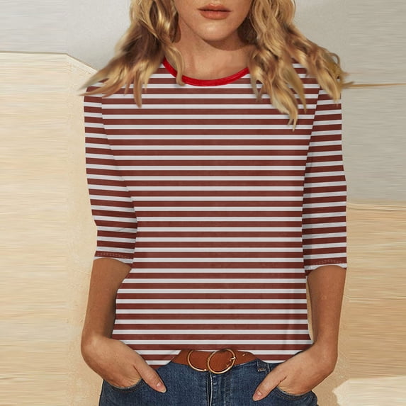 Women's Crew Neck 3/4 Sleeve Striped Print Top, Contrast Trim Casual Slim Fit Basic T-Shirt Blouse for Spring Summer Daily Wear 09-Vermilion XL