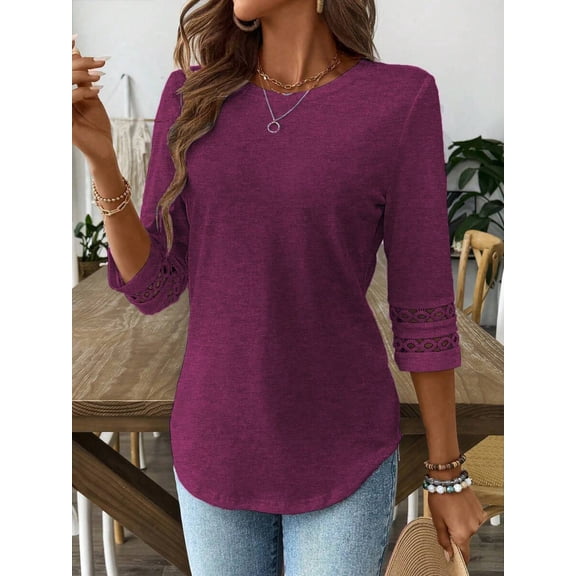 Women's Crew Neck 3/4 Sleeve Top, Hollow Out Lace Sleeve Tunic, Curved Hem Loose Fit Blouse, Casual Elegant Everyday Wear for Work