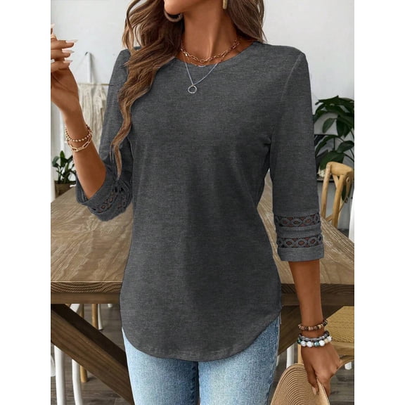 Women's Crew Neck 3/4 Sleeve Top, Hollow Out Lace Sleeve Tunic, Curved Hem Loose Fit Blouse, Casual Elegant Everyday Wear for Work