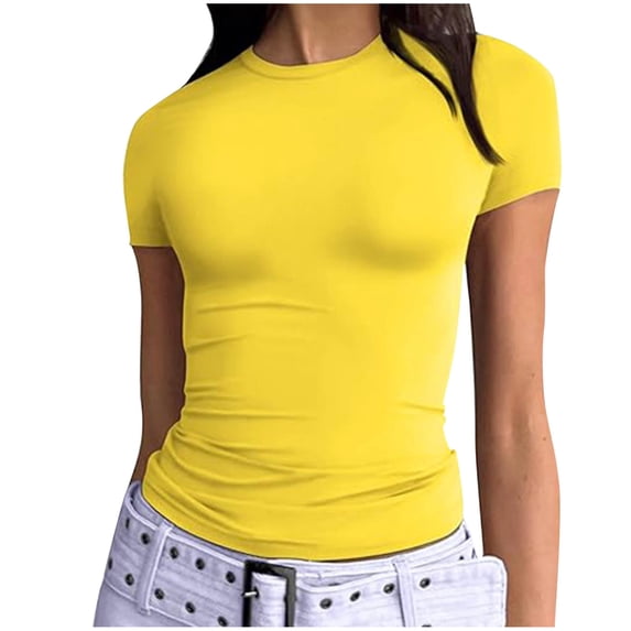 Women's Crew Neck Basic T-Shirt Summer Slim Short Sleeve Tee Casual Versatile Pullover Tops Daily Wear ,Yellow,M