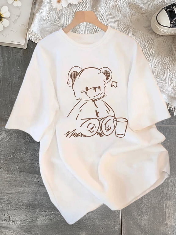 Women's Crew Neck Bear Print Short Sleeve Summer Casual T-Shirt