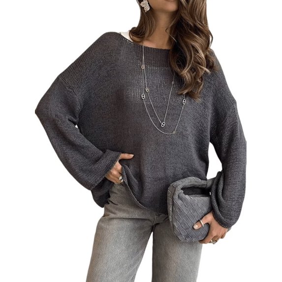 Women's Crew Neck Bell Long Sleeve Hollow Knit Pullover Sweater Dark Gray S