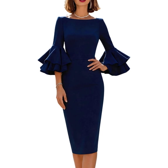 Women's Crew Neck Bell Sleeve Midi Bodycon Dress Flared Ruffle Sleeve Pencil Dress, Slim Knee Length Party Cocktail Dress for Wedding, office and formal Occasions Blue