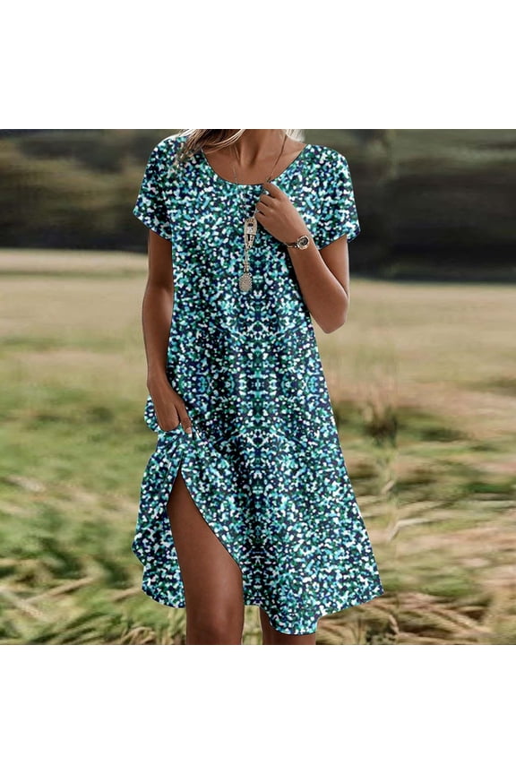 Women's Crew Neck Boho Mini Dresses Short Sleeve Casual Dresses A Line Spring Summer Basic Dress Beach Sundress Mint Green S-5XL