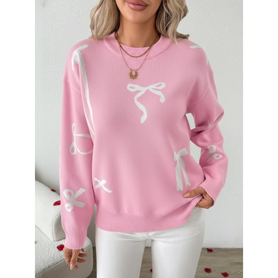 Women's Crew Neck Bow Jacquard Knit Sweater, Drop Shoulder Long Sleeve Loose Pullover Top for Christmas Holiday